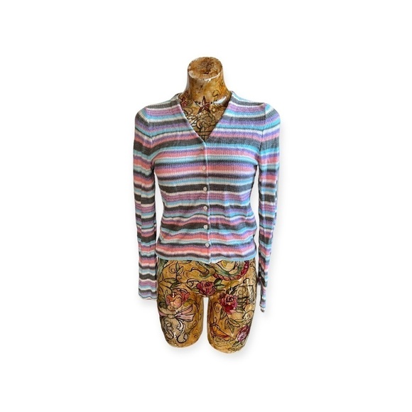 8 seconds cardigan pink blue striped medium button front sweater - Picture 1 of 7